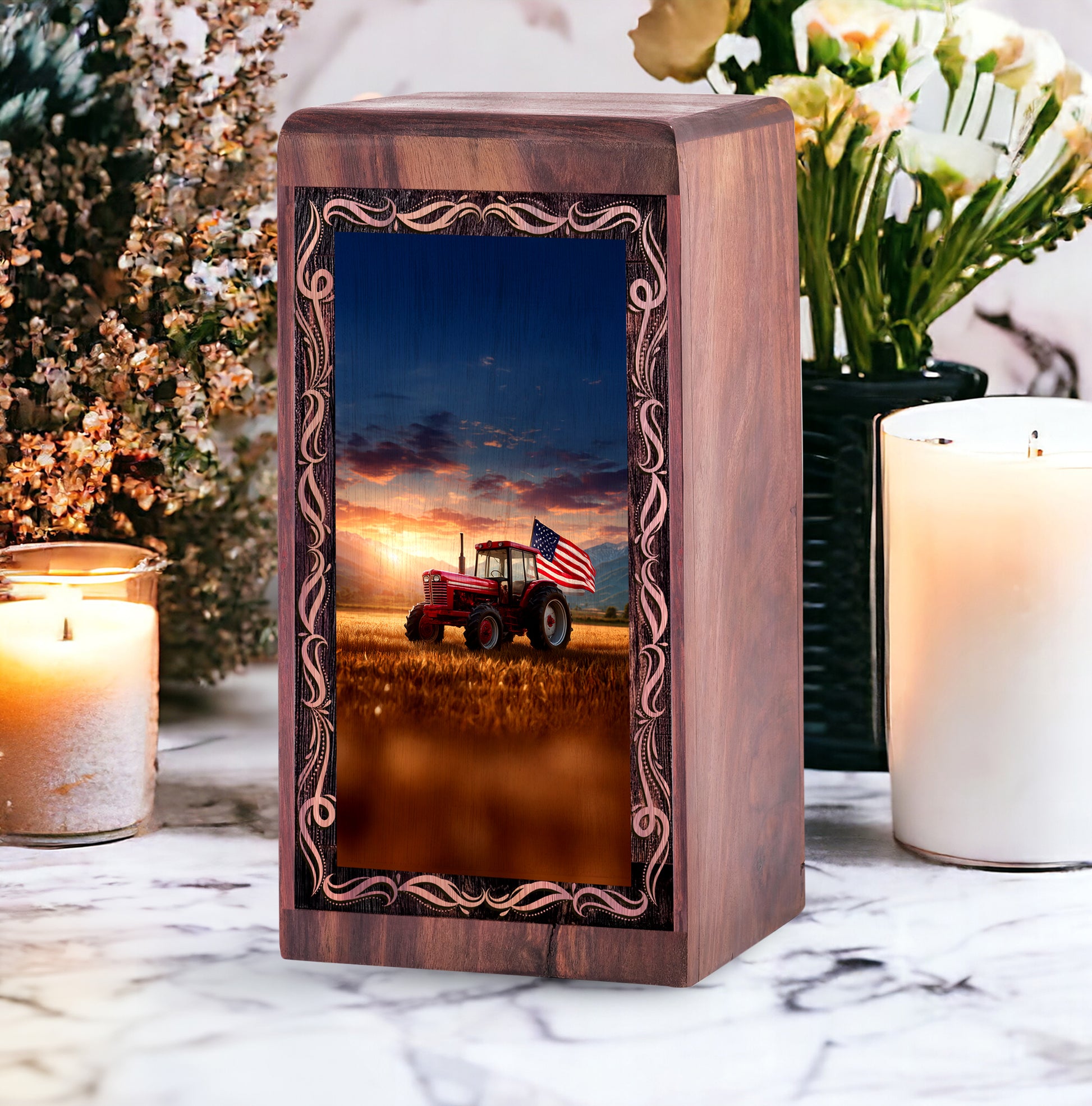 Patriotic Tractor Wooden Urns - Sunset Tractor Theme Human Ashes Adult Man Memorial