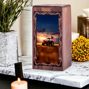 Patriotic Tractor Wooden Urns - Sunset Tractor Theme Human Ashes Adult Man Memorial