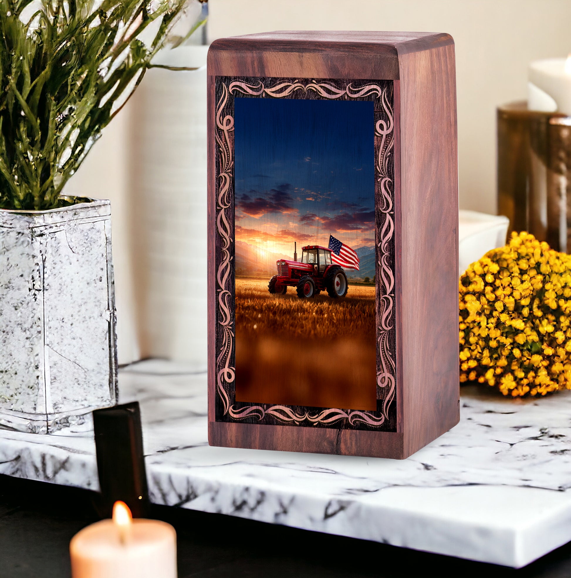 Patriotic Tractor Wooden Urns - Sunset Tractor Theme Human Ashes Adult Man Memorial