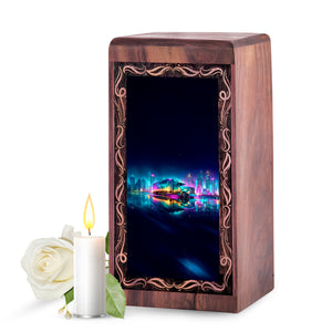 Neon Truck Wooden Urn For Cremation - City Theme Cremation Urn For Human Ashes