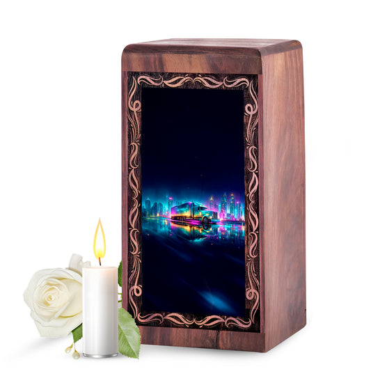 Neon Truck Wooden Urn For Cremation - City Theme Cremation Urn For Human Ashes