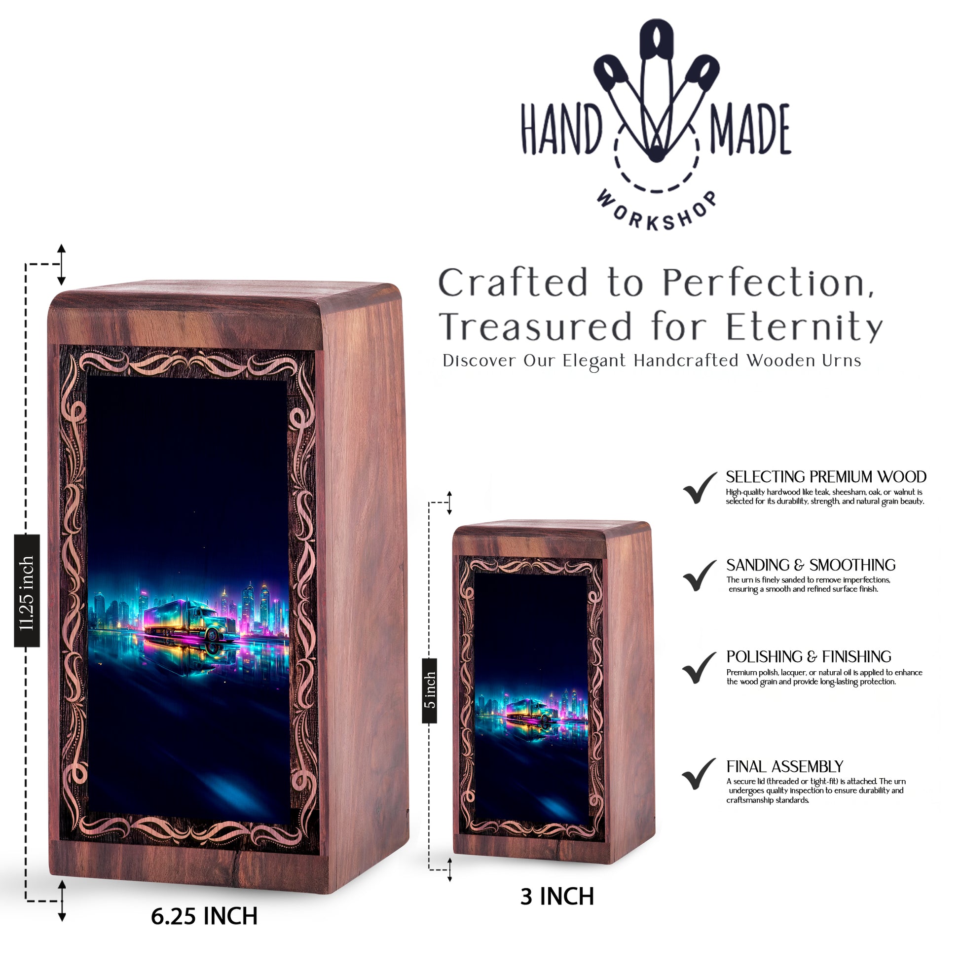 Neon Truck Wooden Urn For Cremation - City Theme Cremation Urn For Human Ashes