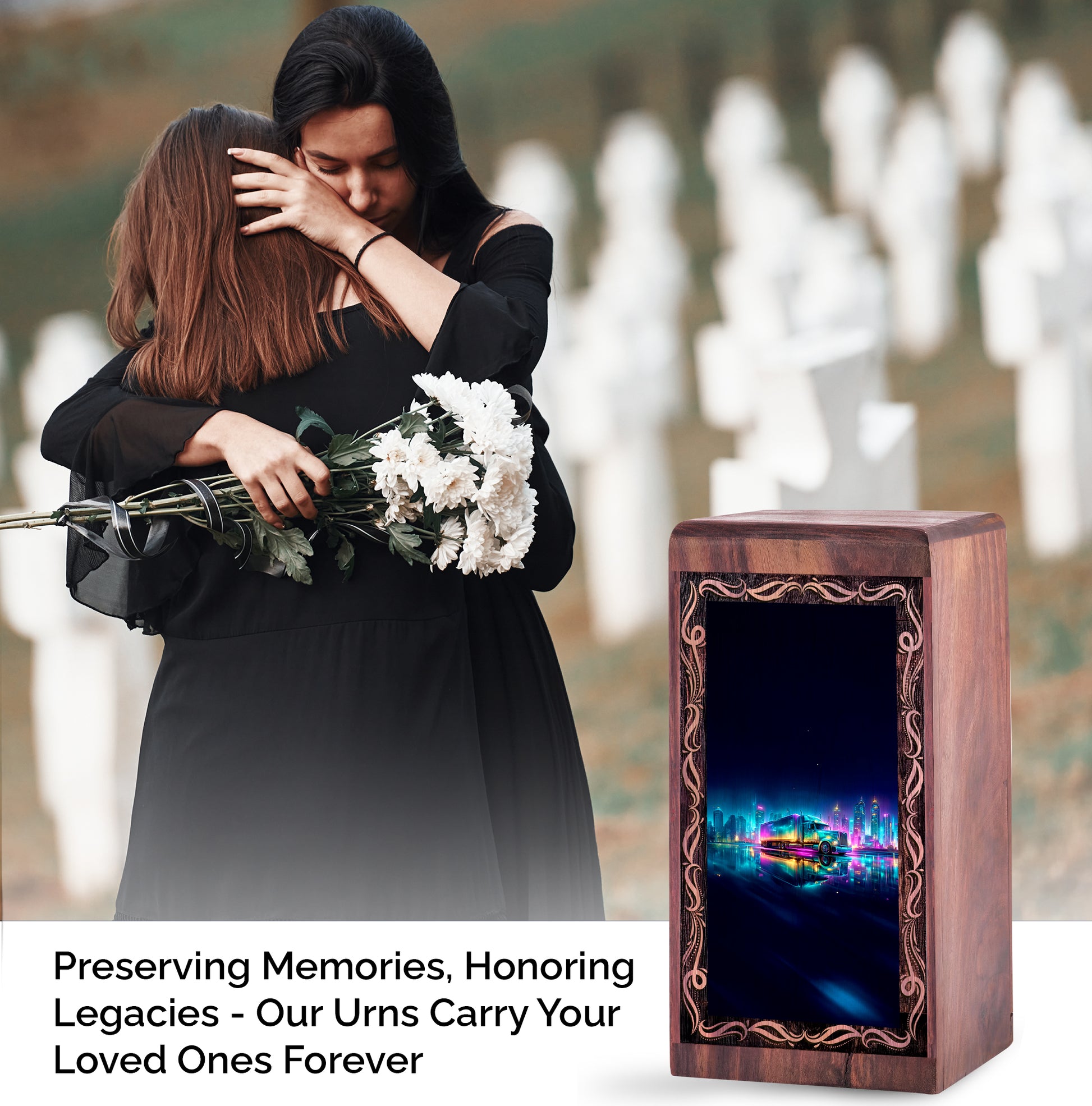 Neon Truck Wooden Urn For Cremation - City Theme Cremation Urn For Human Ashes