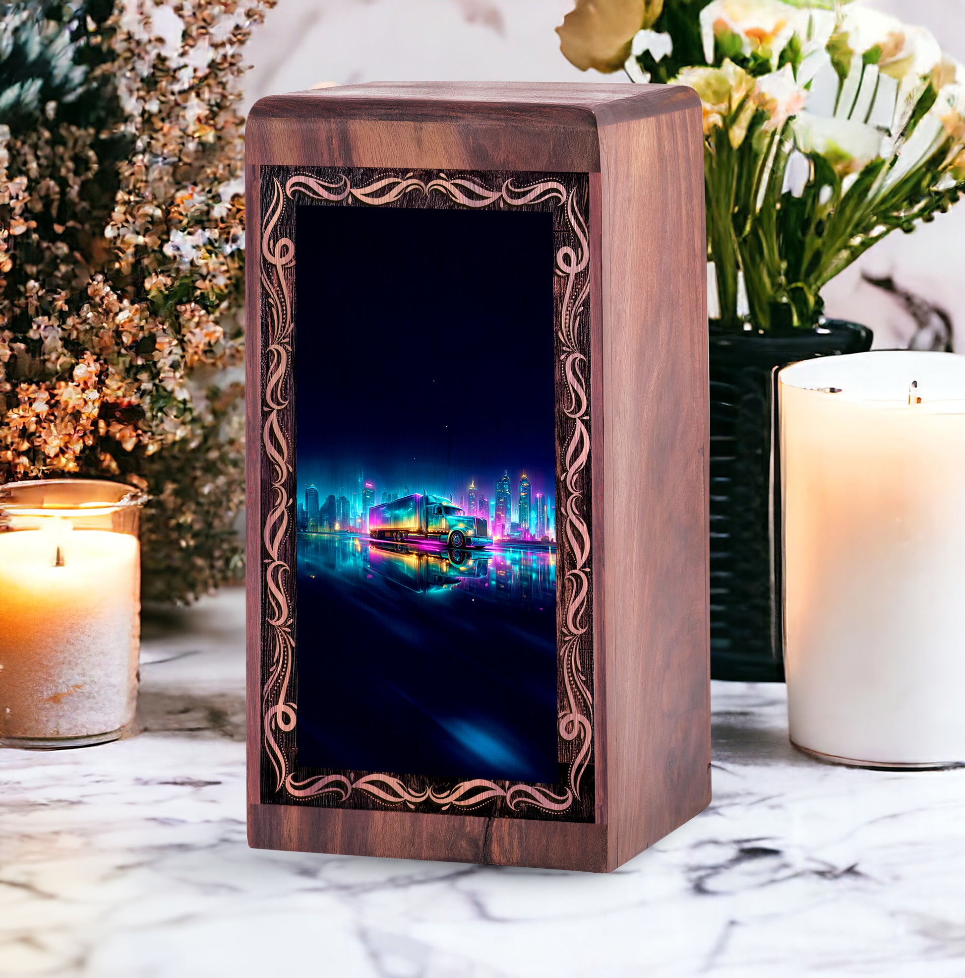 Neon Truck Wooden Urn For Cremation - City Theme Cremation Urn For Human Ashes