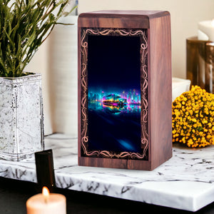Neon Truck Wooden Urn For Cremation - City Theme Cremation Urn For Human Ashes