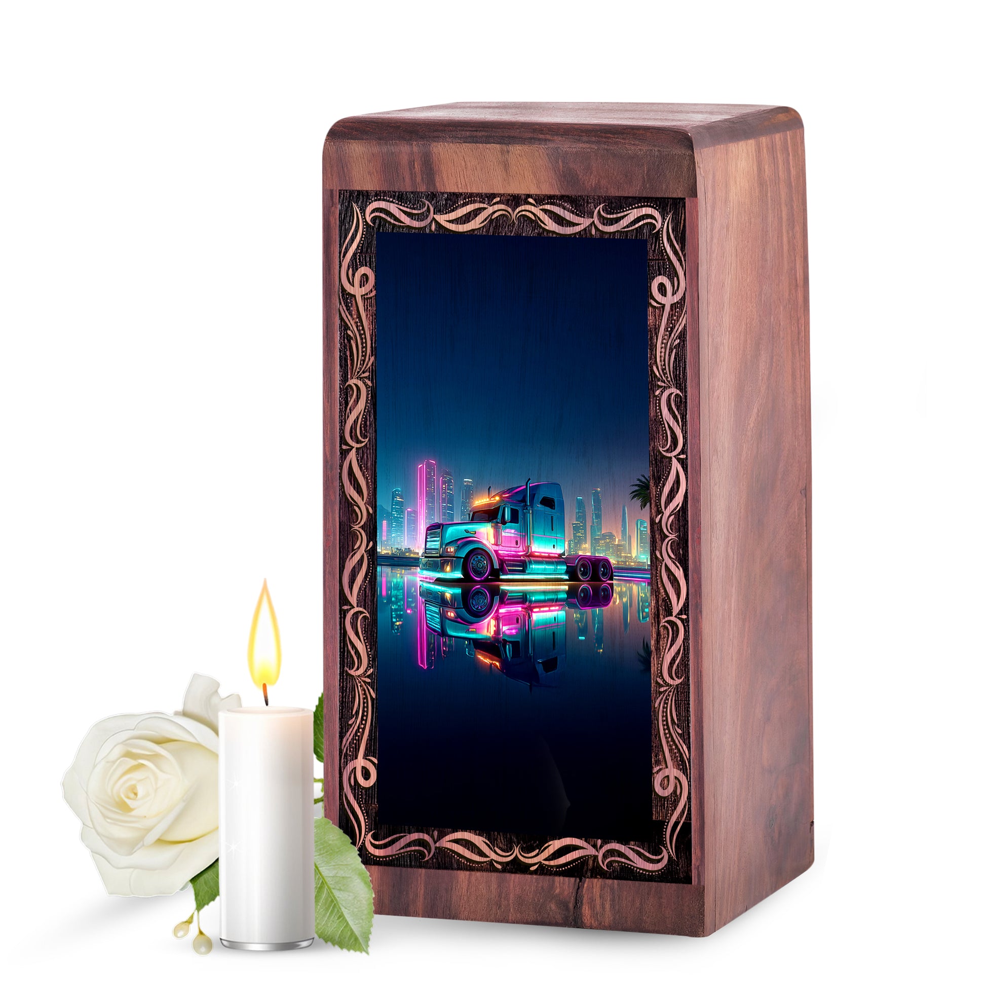 Neon Skyline Theme Urn For Ashes - Truck Wooden Urn For Human Ashes Adult Male