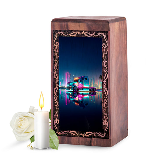 Neon Skyline Theme Urn For Ashes - Truck Wooden Urn For Human Ashes Adult Male