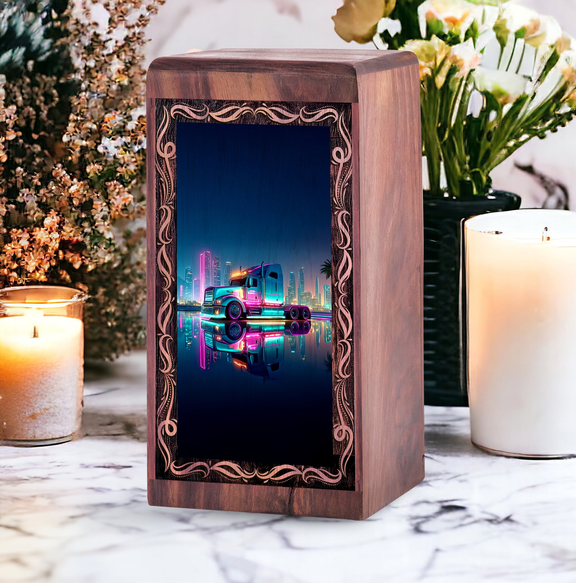 Neon Skyline Theme Urn For Ashes - Truck Wooden Urn For Human Ashes Adult Male