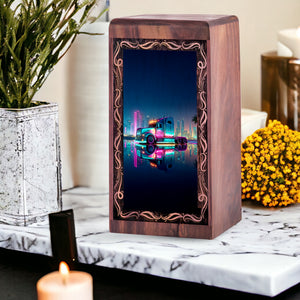 Neon Skyline Theme Urn For Ashes - Truck Wooden Urn For Human Ashes Adult Male