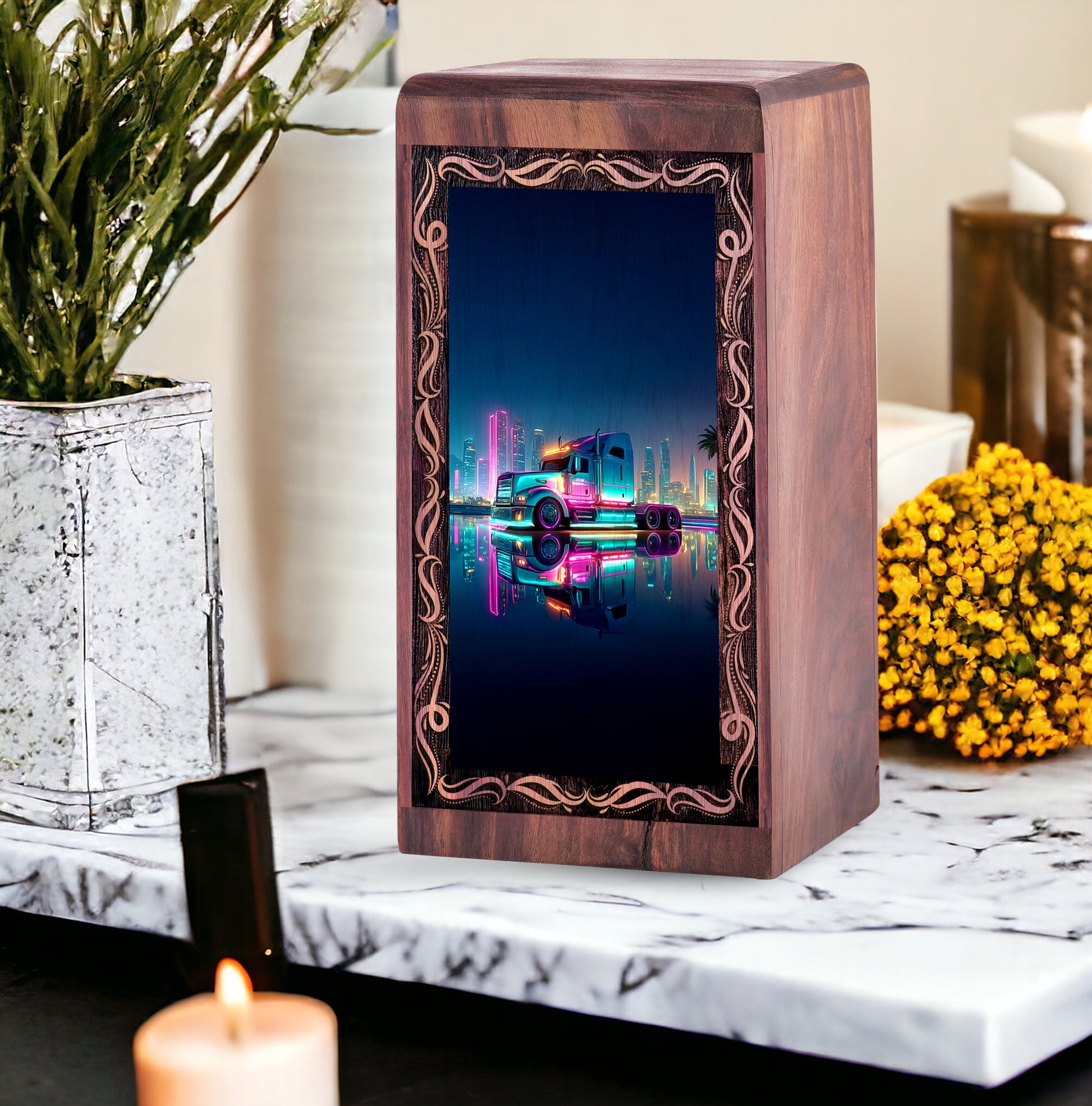 Neon Skyline Theme Urn For Ashes - Truck Wooden Urn For Human Ashes Adult Male