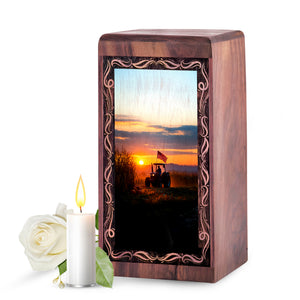Golden Sunset Theme Memorial Urn - Tractor Wooden Cremation Urn For Mom & Dad