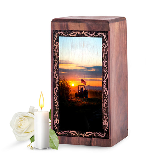 Golden Sunset Theme Memorial Urn - Tractor Wooden Cremation Urn For Mom & Dad