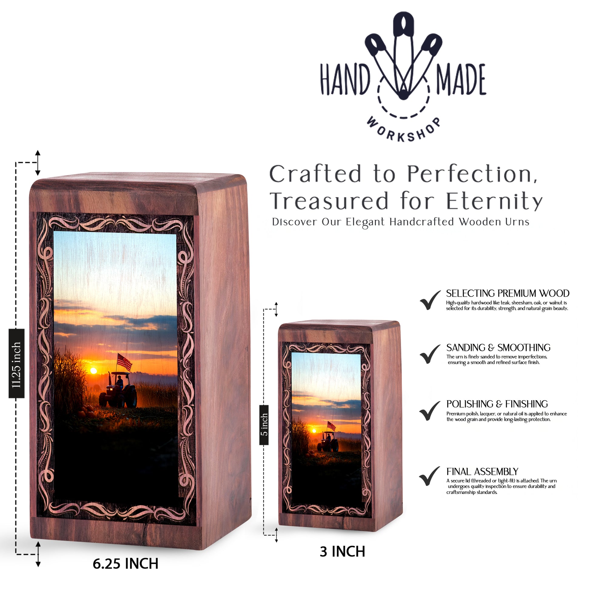 Golden Sunset Theme Memorial Urn - Tractor Wooden Cremation Urn For Mom & Dad