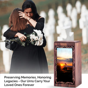 Golden Sunset Theme Memorial Urn - Tractor Wooden Cremation Urn For Mom & Dad