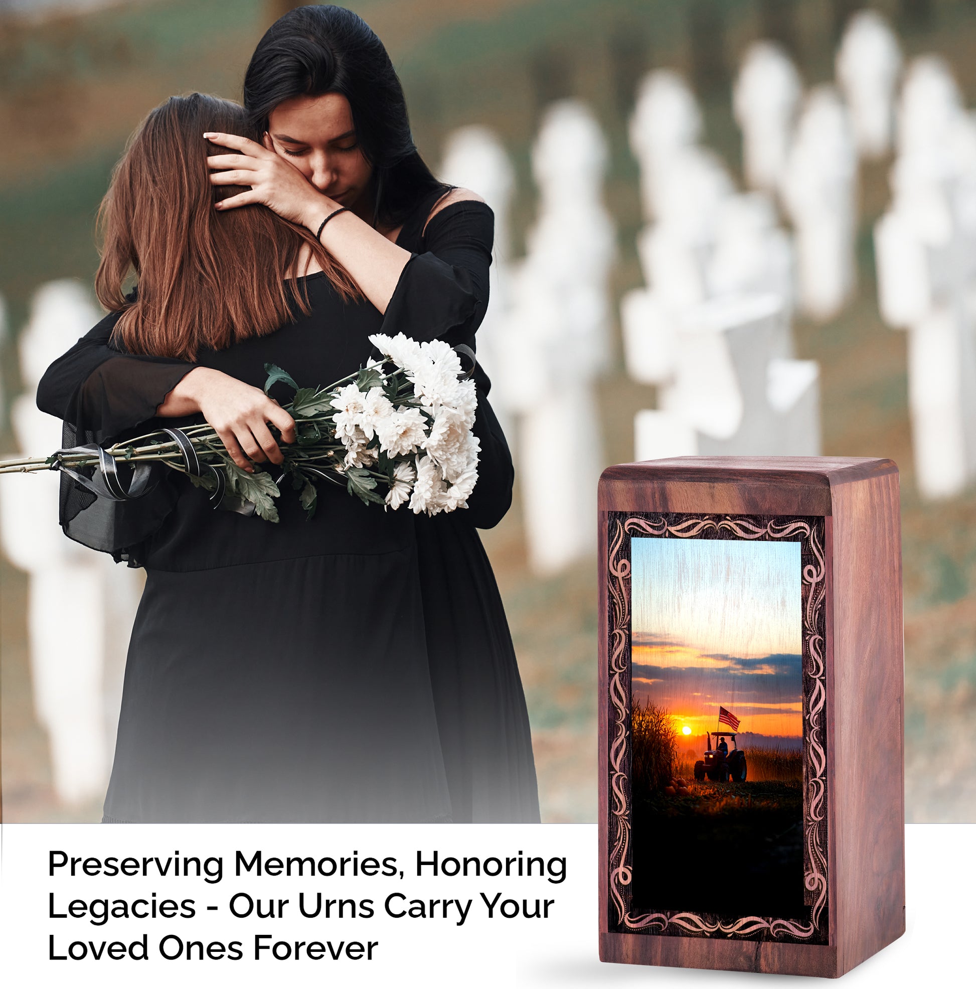 Golden Sunset Theme Memorial Urn - Tractor Wooden Cremation Urn For Mom & Dad