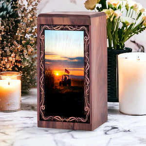 Golden Sunset Theme Memorial Urn - Tractor Wooden Cremation Urn For Mom & Dad
