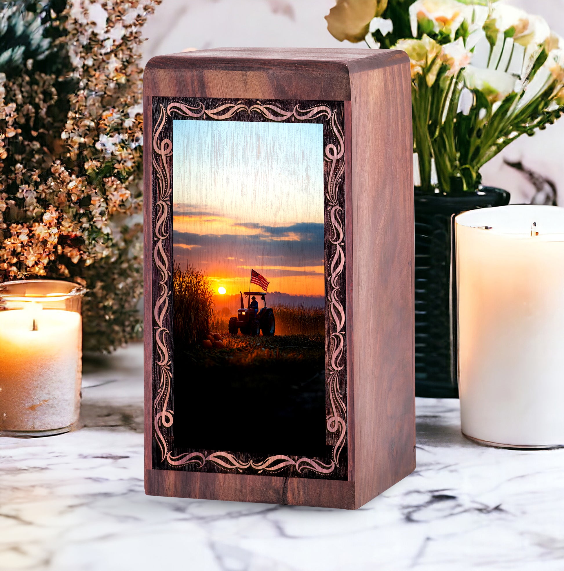 Golden Sunset Theme Memorial Urn - Tractor Wooden Cremation Urn For Mom & Dad