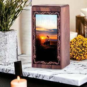 Golden Sunset Theme Memorial Urn - Tractor Wooden Cremation Urn For Mom & Dad