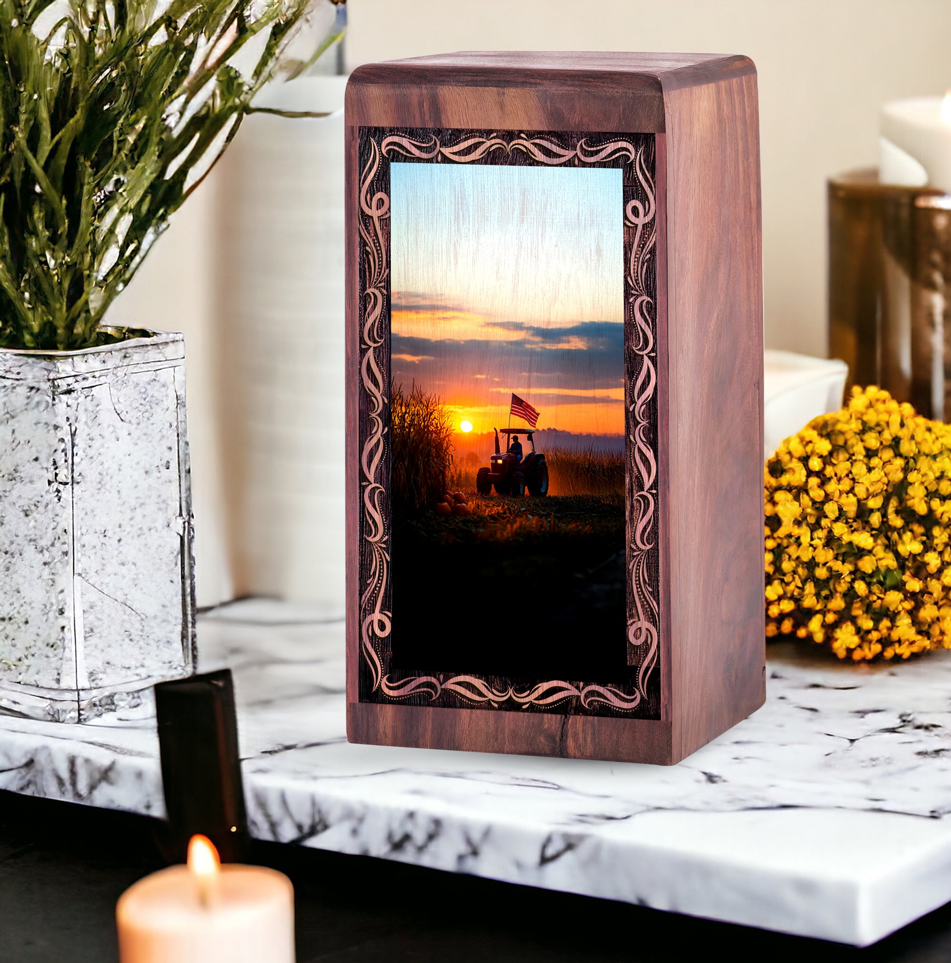 Golden Sunset Theme Memorial Urn - Tractor Wooden Cremation Urn For Mom & Dad