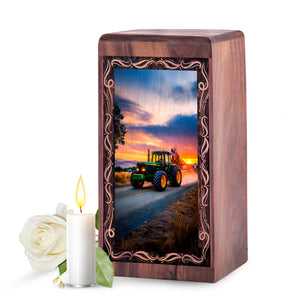 Tractor Handmade Wooden Urn Box - Countryside Drive Theme Funeral Urn For Male