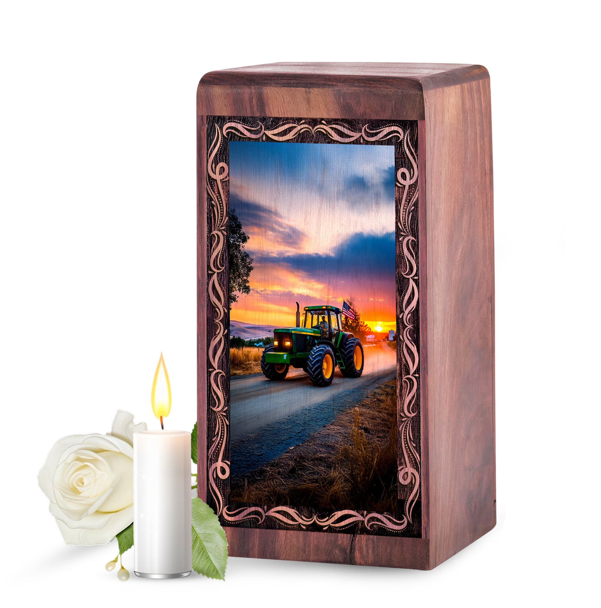 Tractor Handmade Wooden Urn Box - Countryside Drive Theme Funeral Urn For Male