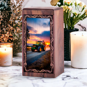 Tractor Handmade Wooden Urn Box - Countryside Drive Theme Funeral Urn For Male