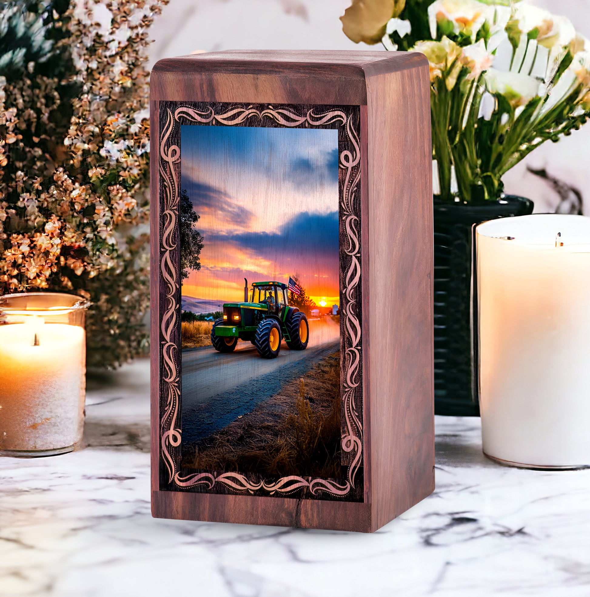 Tractor Handmade Wooden Urn Box - Countryside Drive Theme Funeral Urn For Male
