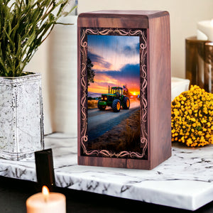 Tractor Handmade Wooden Urn Box - Countryside Drive Theme Funeral Urn For Male