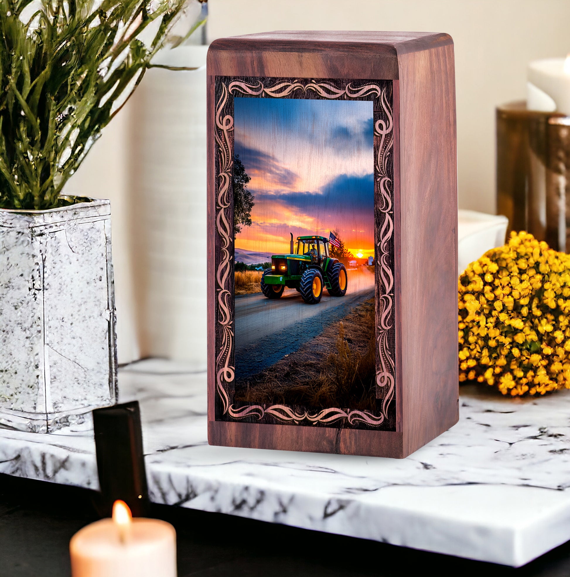 Tractor Handmade Wooden Urn Box - Countryside Drive Theme Funeral Urn For Male