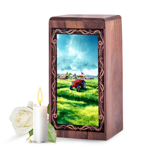 Tractor Handmade Cremation Funeral Urn - Green Farm Theme Wooden Urn For Adults