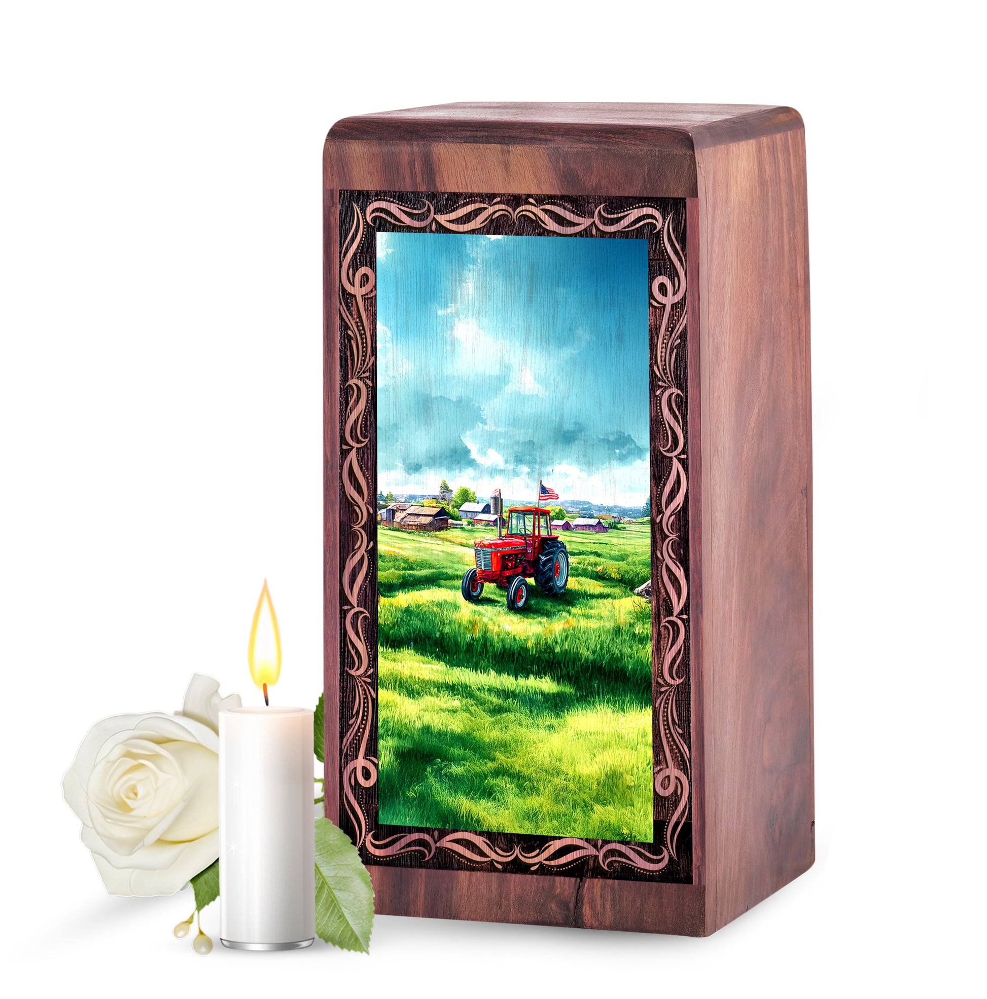 Tractor Handmade Cremation Funeral Urn - Green Farm Theme Wooden Urn For Adults