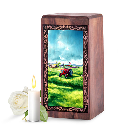 Tractor Handmade Cremation Funeral Urn - Green Farm Theme Wooden Urn For Adults