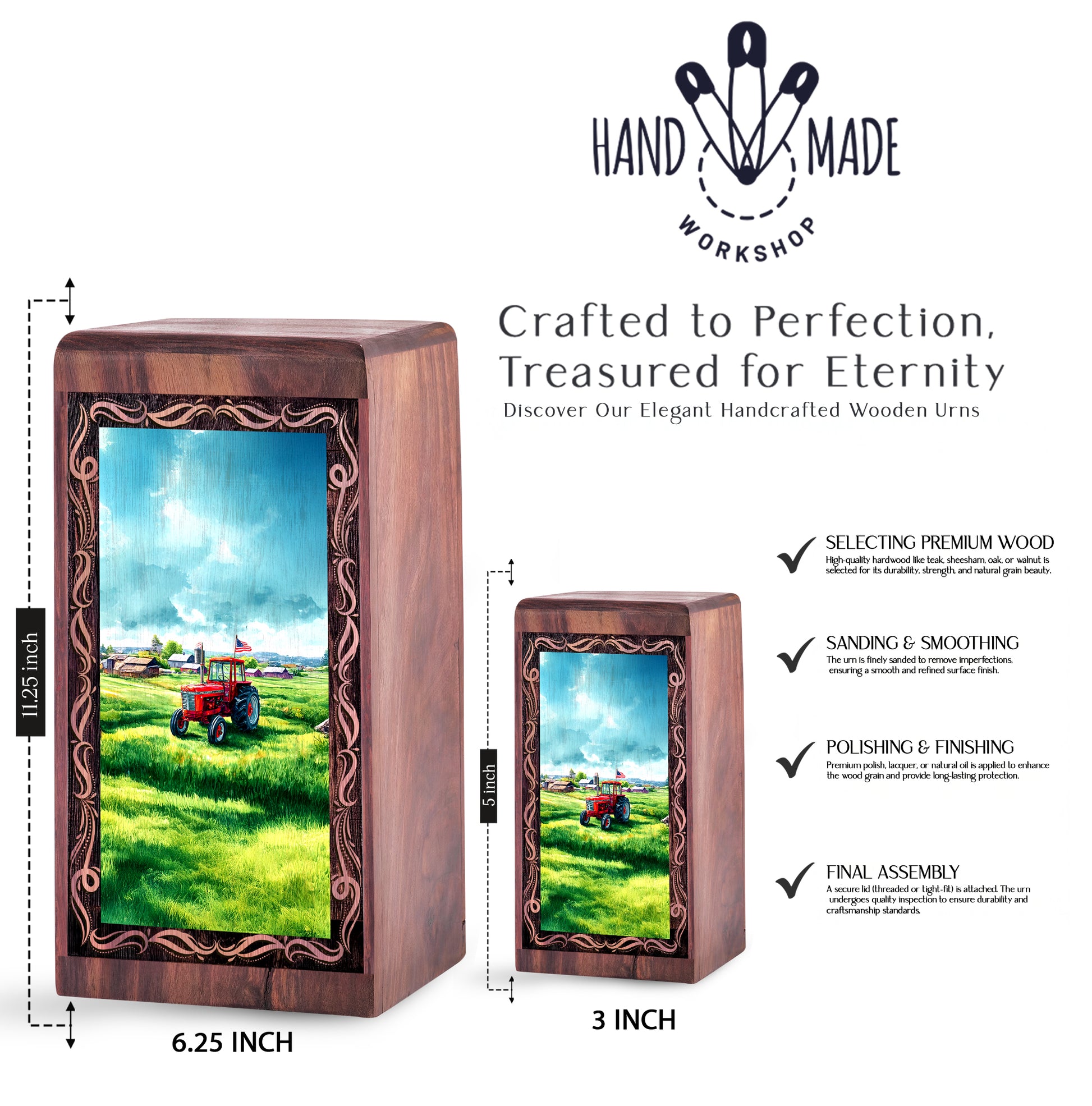 Tractor Handmade Cremation Funeral Urn - Green Farm Theme Wooden Urn For Adults
