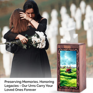 Tractor Handmade Cremation Funeral Urn - Green Farm Theme Wooden Urn For Adults