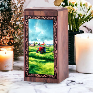 Tractor Handmade Cremation Funeral Urn - Green Farm Theme Wooden Urn For Adults