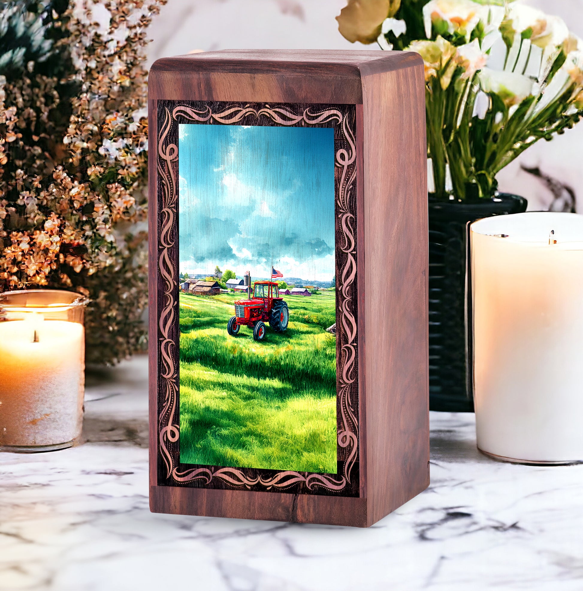 Tractor Handmade Cremation Funeral Urn - Green Farm Theme Wooden Urn For Adults