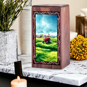 Tractor Handmade Cremation Funeral Urn - Green Farm Theme Wooden Urn For Adults