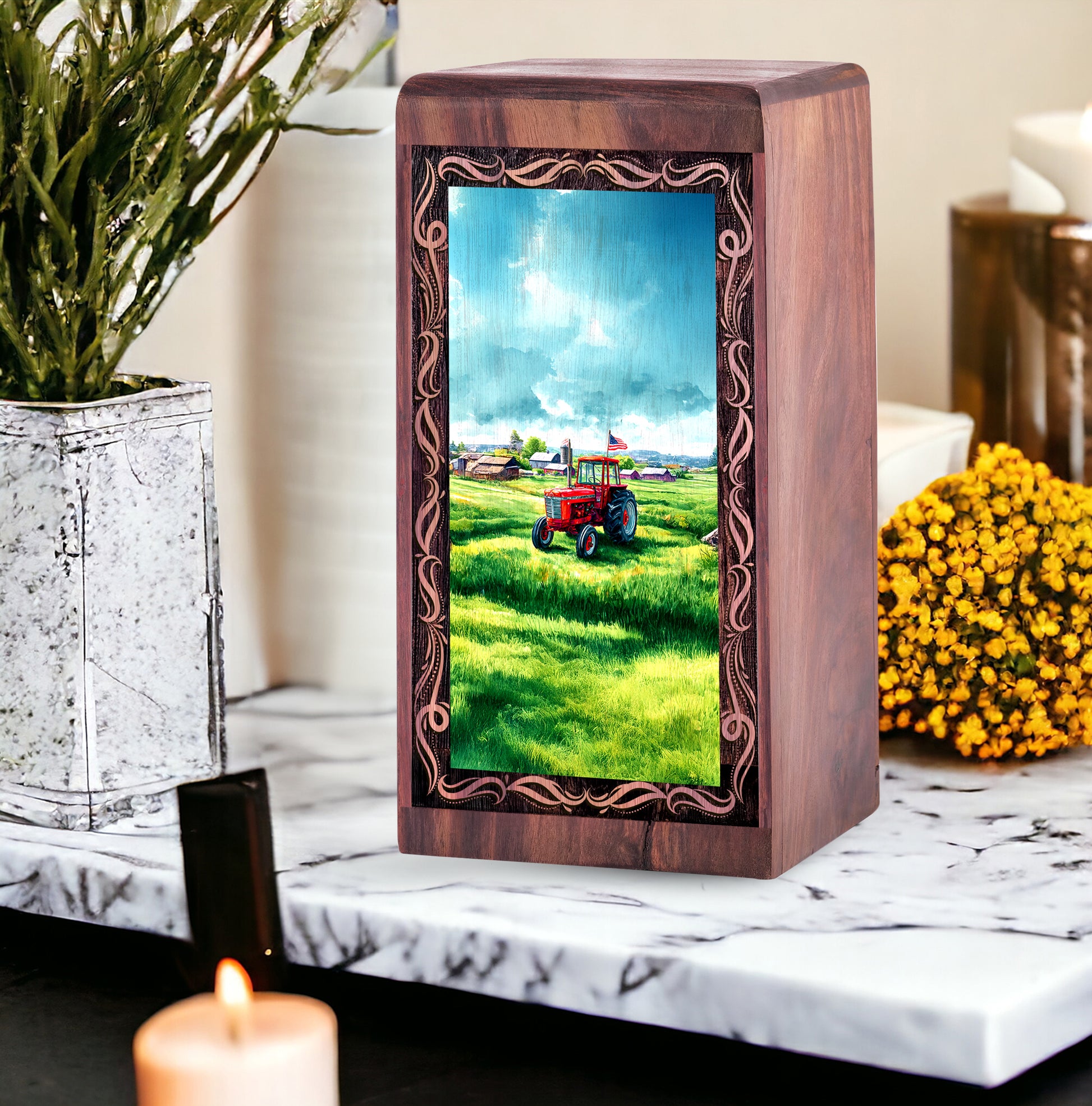 Tractor Handmade Cremation Funeral Urn - Green Farm Theme Wooden Urn For Adults