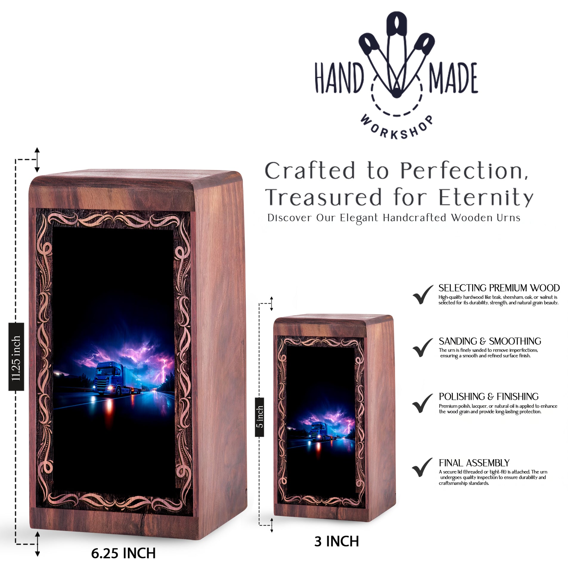 Lightning Truck Theme Urn For Ashes - Wooden Cremation Urn For Burial