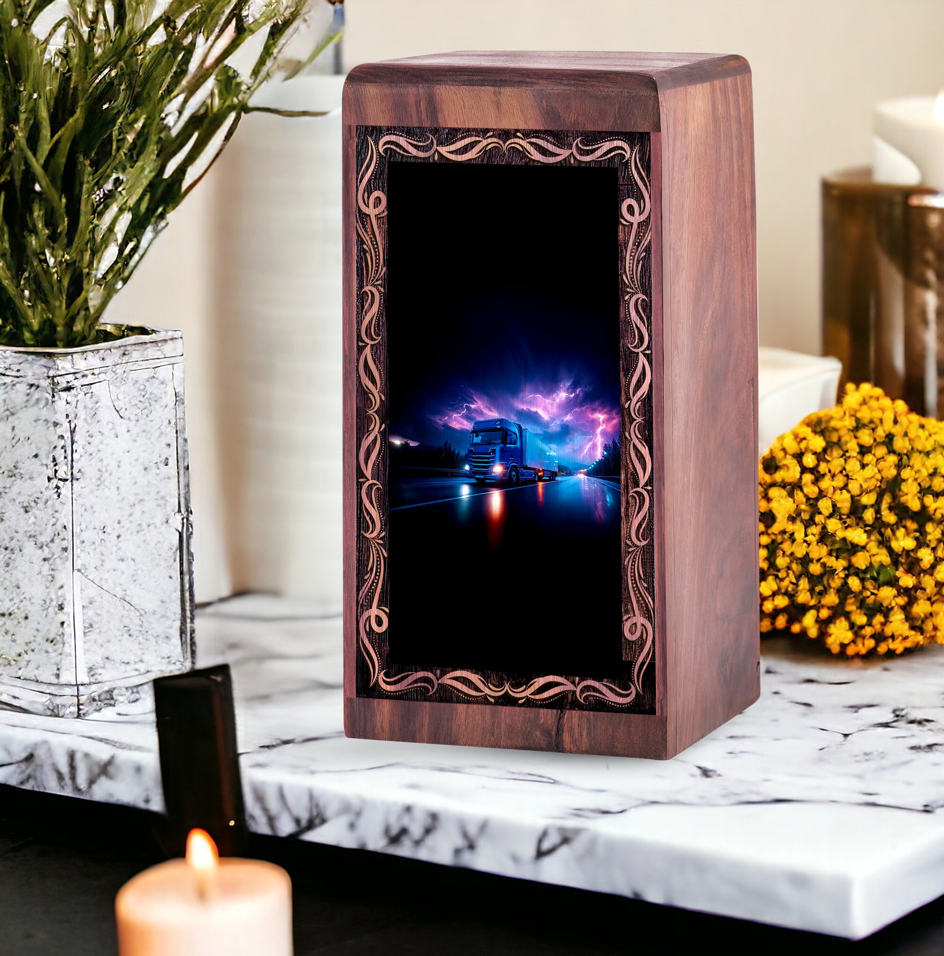 Lightning Truck Theme Urn For Ashes - Wooden Cremation Urn For Burial