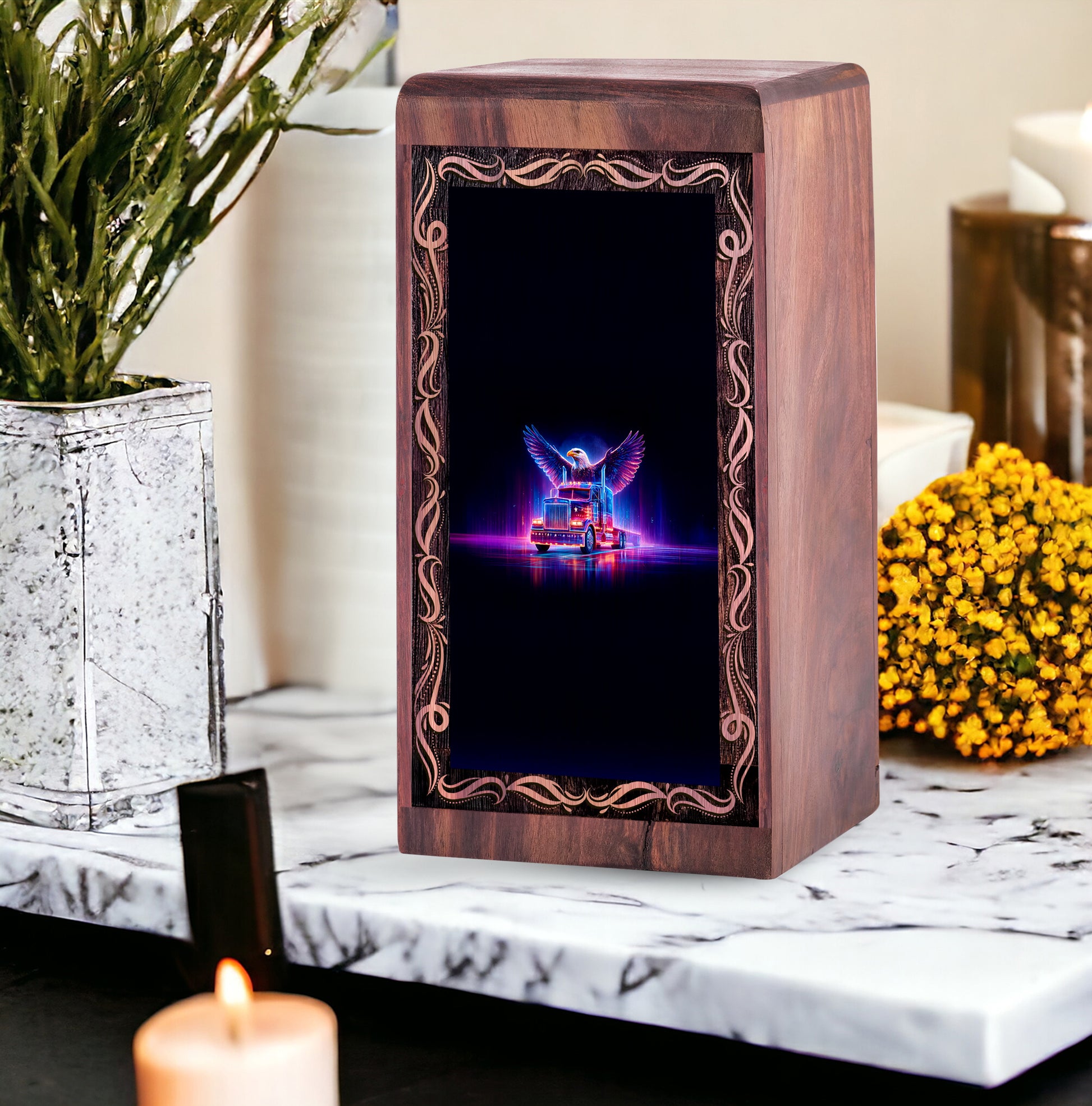 Patriotic Eagle Truck Theme Urn For Ashes - Memorial Wooden Urns For Human Ashes