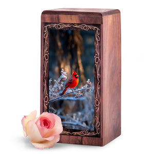 Winter Bird Theme Urn For Ashes - Cardinal Wooden Box Urns For Human Ashes