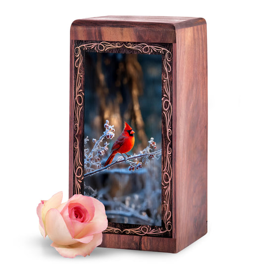 Winter Bird Theme Urn For Ashes - Cardinal Wooden Box Urns For Human Ashes