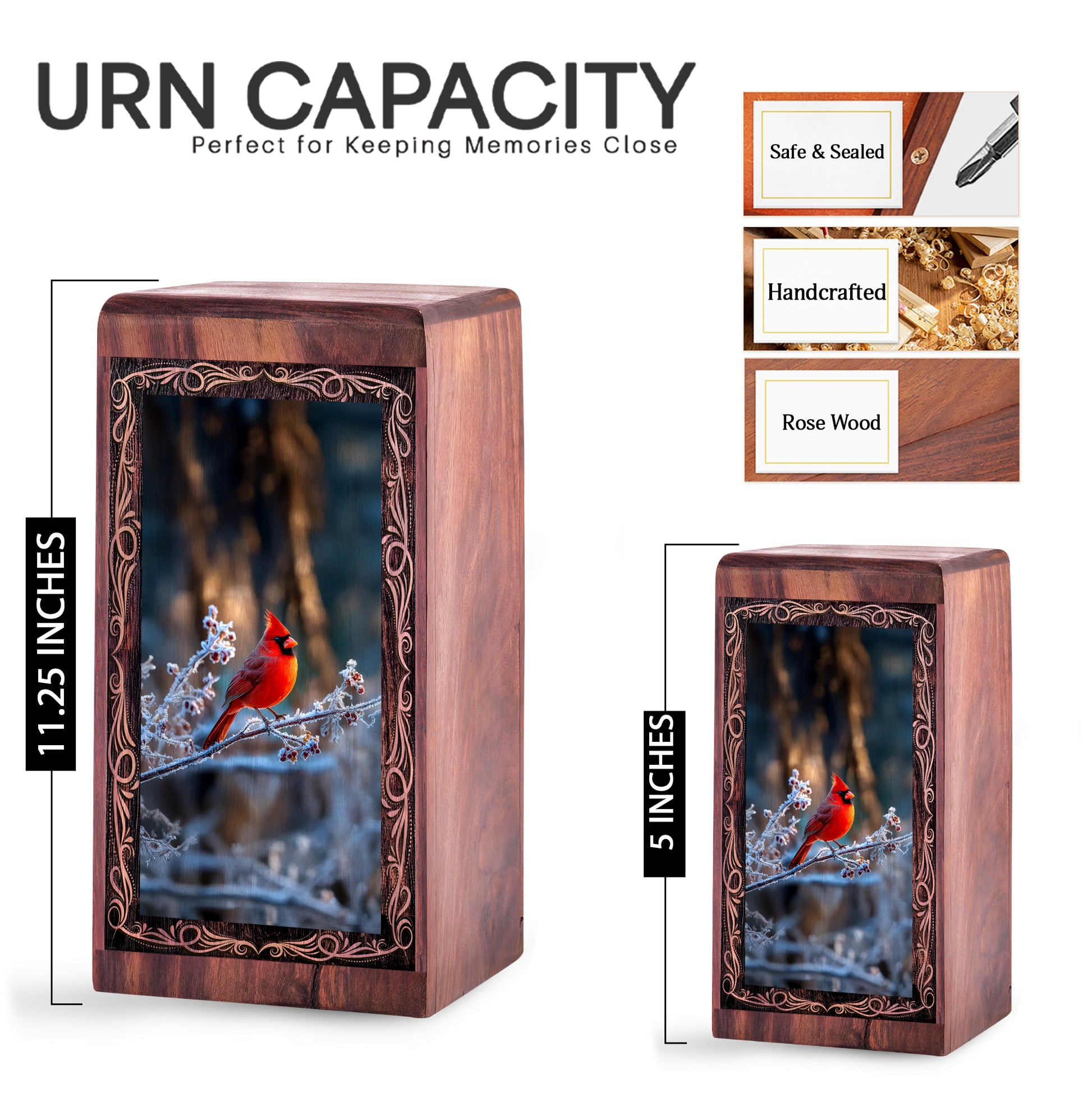 Winter Bird Theme Urn For Ashes - Cardinal Wooden Box Urns For Human Ashes