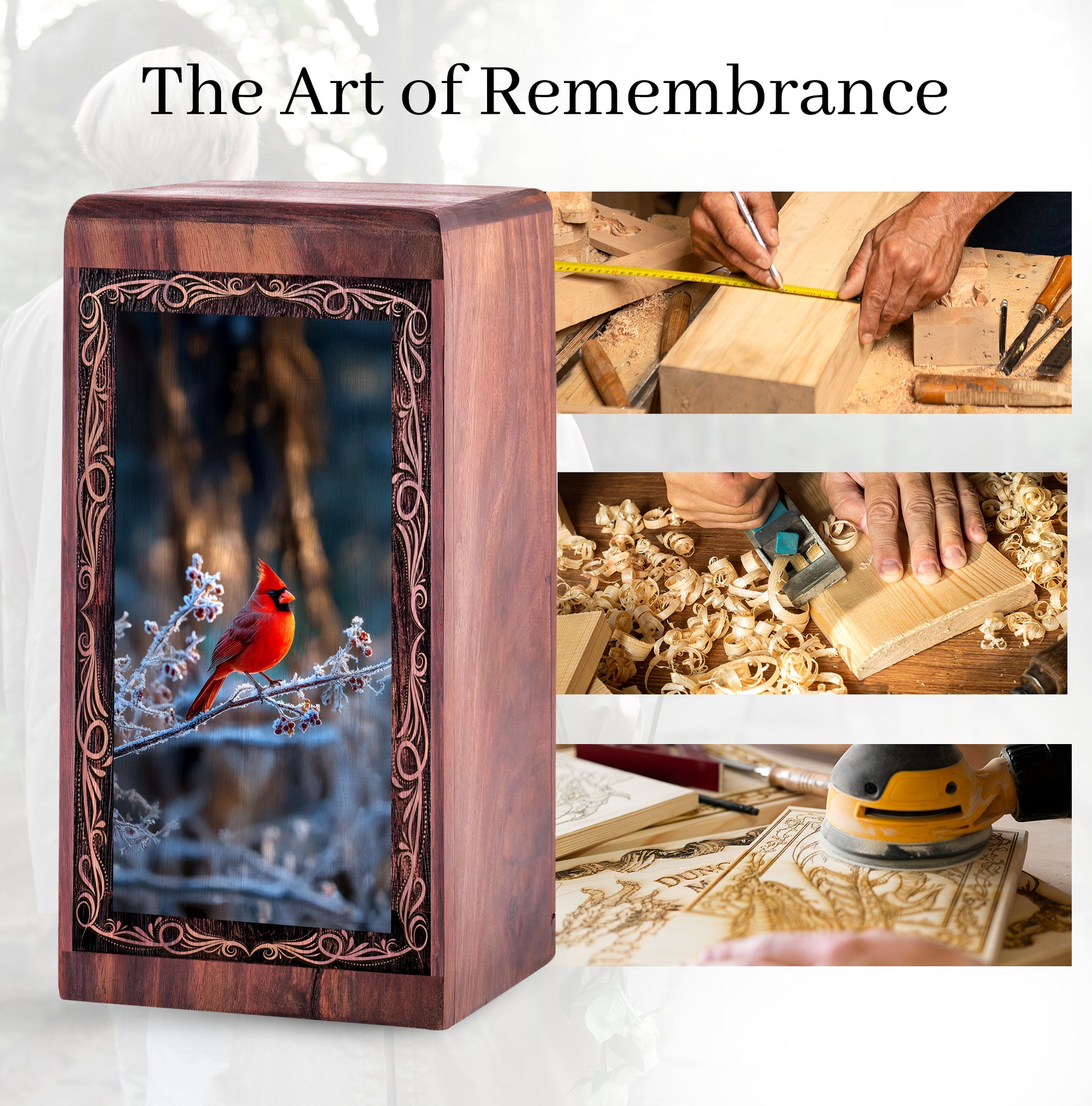 Winter Bird Theme Urn For Ashes - Cardinal Wooden Box Urns For Human Ashes