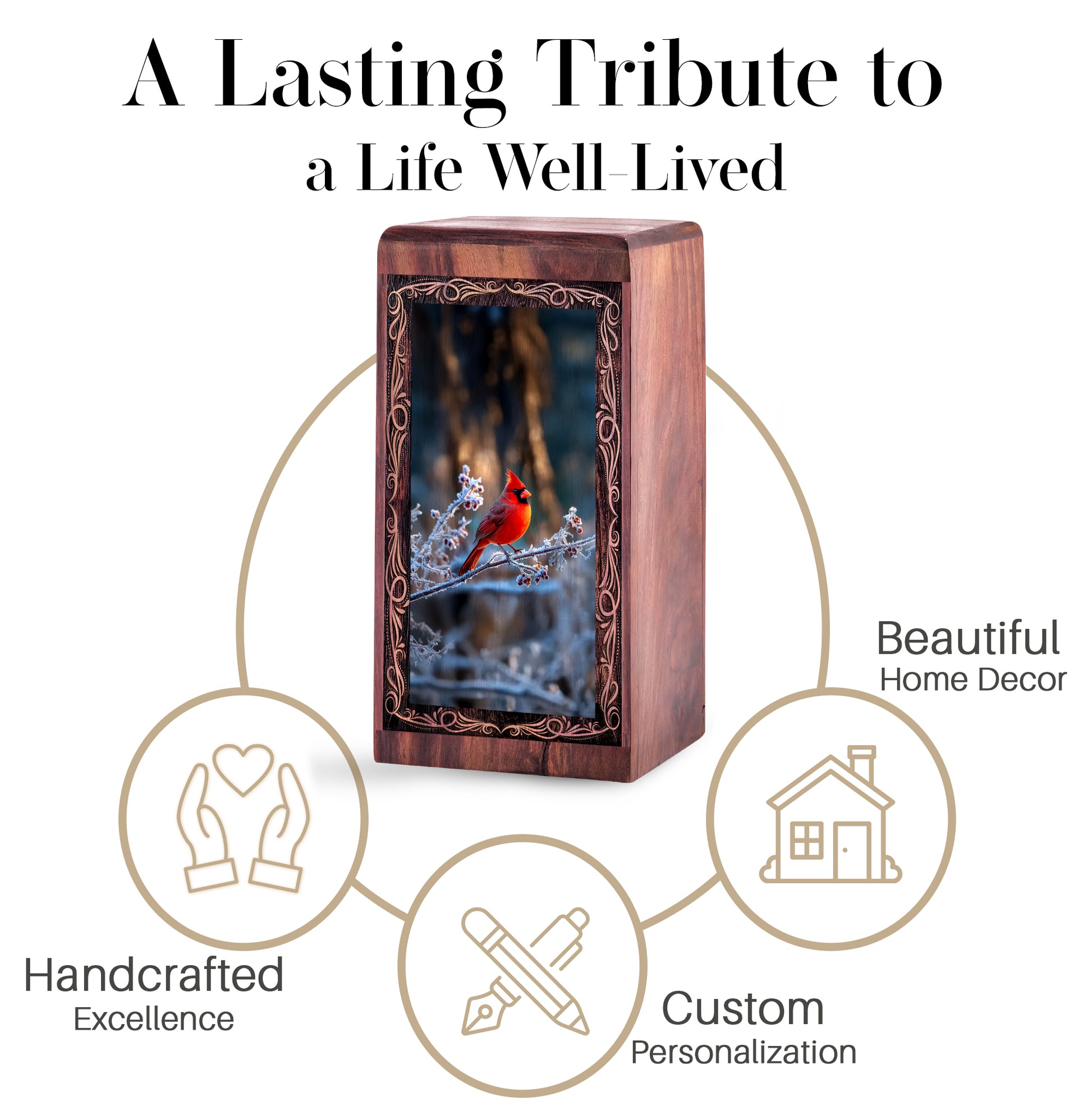 Winter Bird Theme Urn For Ashes - Cardinal Wooden Box Urns For Human Ashes