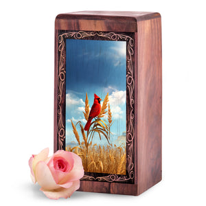 Nature Cardinal Memorial Urn - Wheat Field Theme Funeral Urn For Adult Female