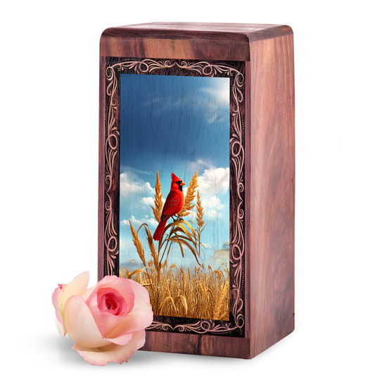 Nature Cardinal Memorial Urn - Wheat Field Theme Funeral Urn For Adult Female