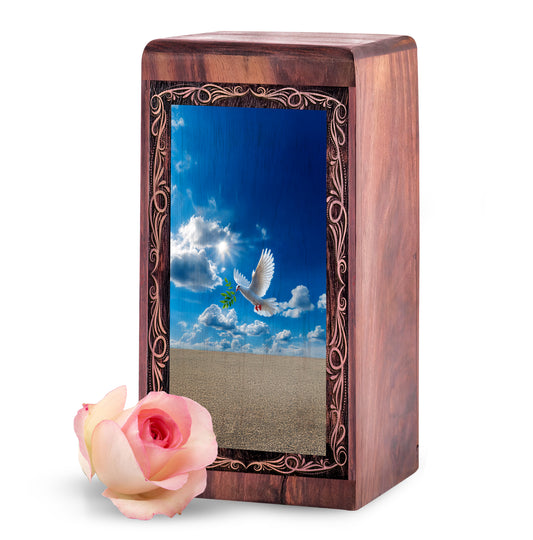 Dove Sky Theme Memorial Urn For Ashes - Wooden Keepsake Cremation Urns For Male