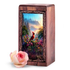 Cardinal Mountain Theme Urn Box – Wood Cremation Urn For Burial